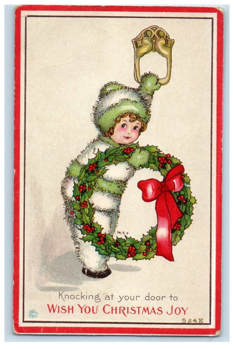 c1910's Knocking At Your Door Christmas Joy Wreath Holly Berries Ribbon Postcard