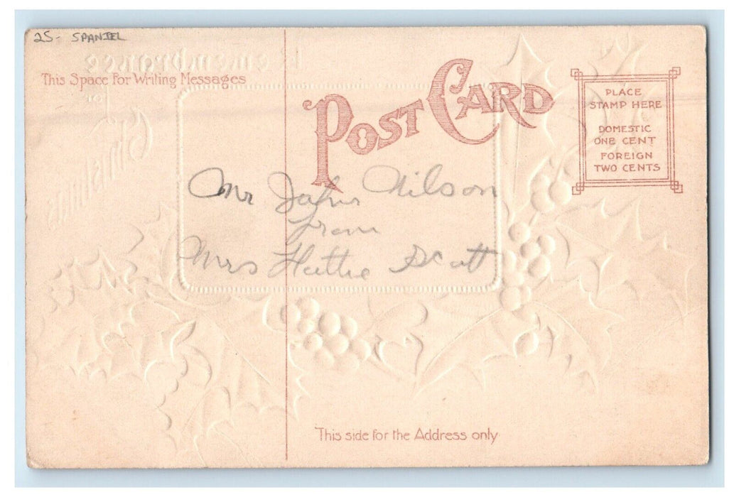 c1910's Remembrance For Christmas Holly Berries Dogs Spaniel Embossed Postcard