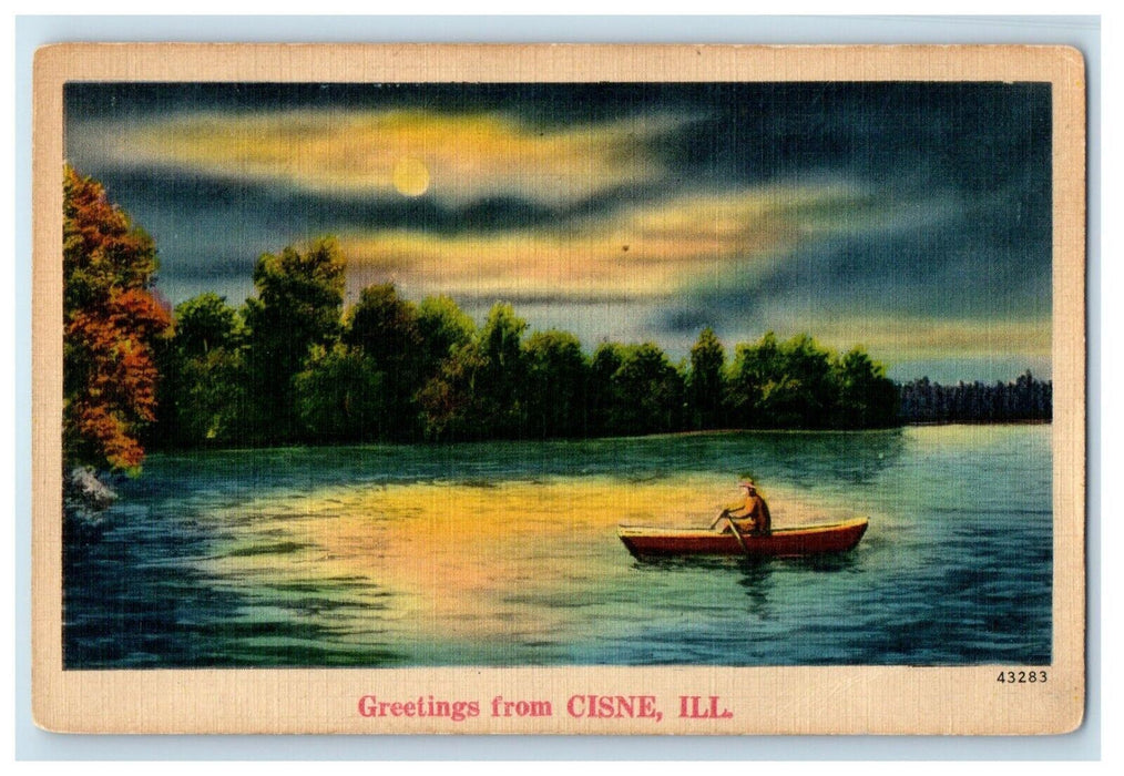 c1940's Greetings From Cisne Illinois IL. Lake View Man Canoeing Postcard