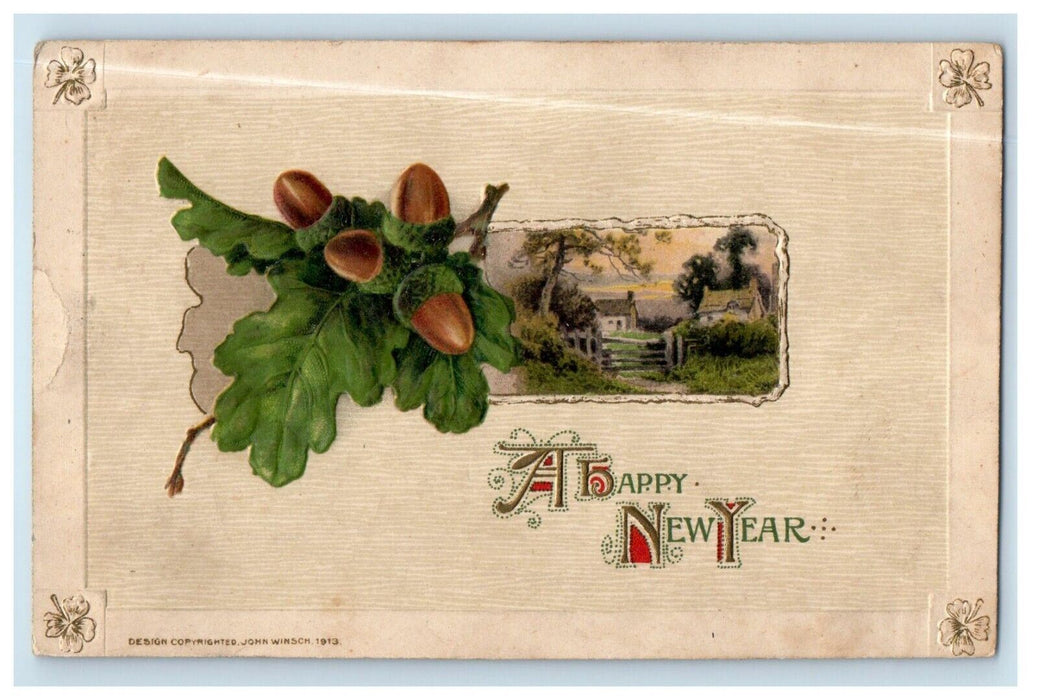 1915 A Happy New Year John Winsch Embossed  Roanoke IL Artist Signed Postcard