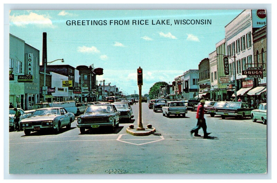 Greetings From Rice Lake Wisconsin WI, Street View Cars Vintage Postcard