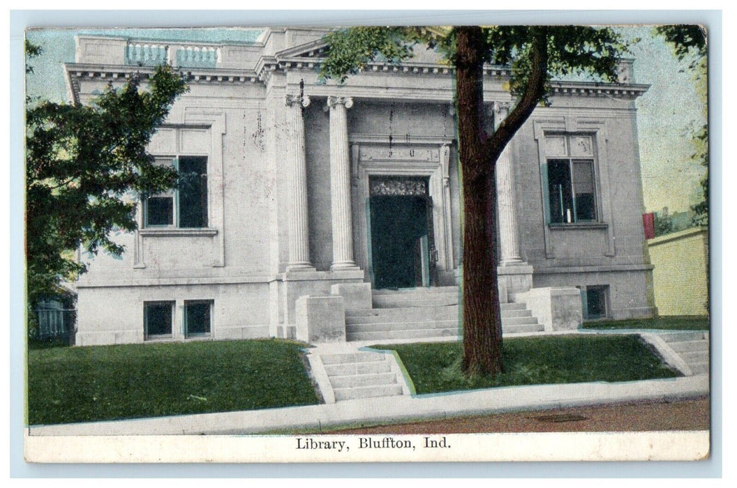 1909 Library Building Street View Bluffton Indiana IN Posted Antique Postcard