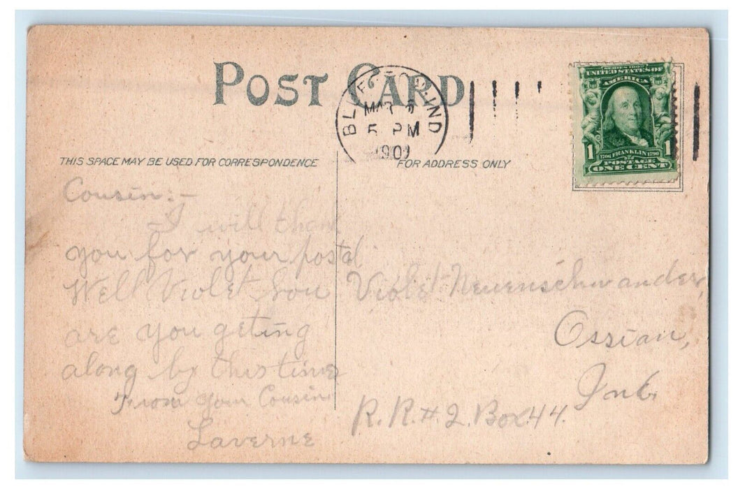 1909 Library Building Street View Bluffton Indiana IN Posted Antique Postcard