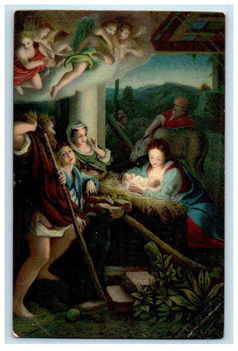 c1910's Christmas Holly Night Art Baby Jesus Christ Posted Antique Postcard