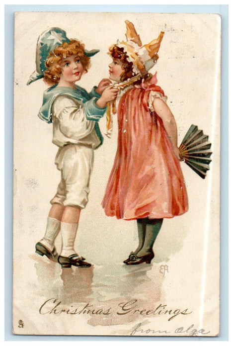 c1910's Christmas Greetings Girl And Boy Wearing Hat Antique Tuck's  Postcard