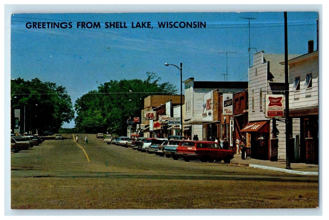 Greetings From Shell Lake Wisconsin WI, Street View Cars Unposted Postcard