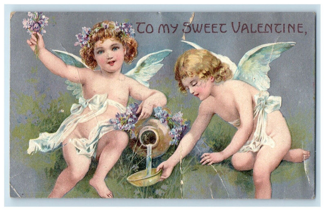 c1910's Valentine Two Angels Cherubs Water Jug Flowers Embossed Antique Postcard