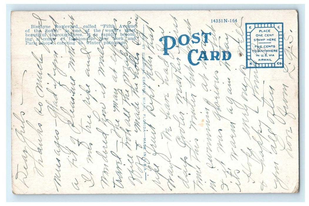 Biscayne Boulevard Cars Fifth Avenue Of The South Miami Florida FL Postcard