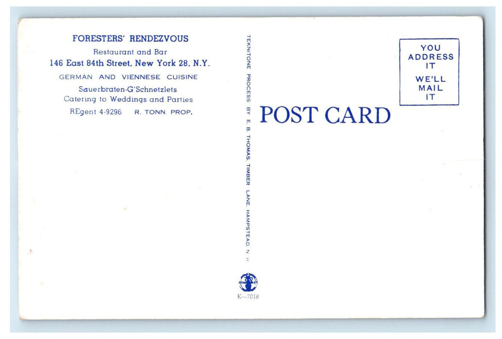 c1960s Foresters Rendezvous Restaurant and Bar 84th Street New York NY Postcard
