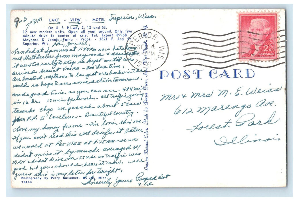 1956 Lake View Motel US Highway 2 13 53 Superior Wisconsin WI Postcard