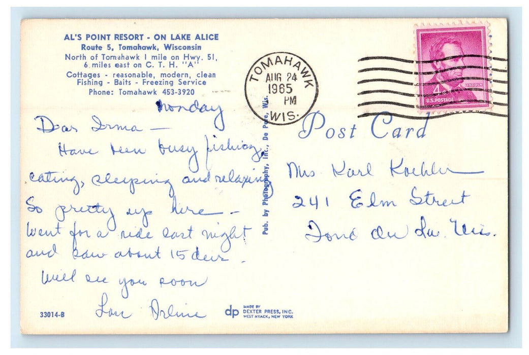1965 Al's Point Resort On Lake Alice Tomahawk Wisconsin WI Posted Postcard