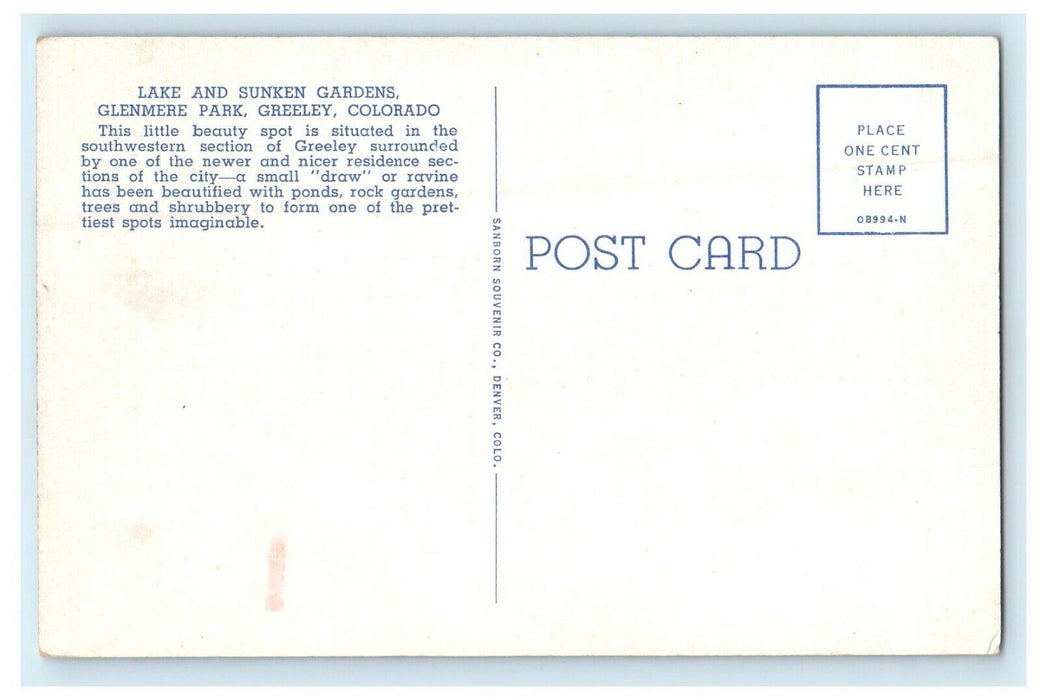 c1940's Lake And Sunken Garden Glenmere Park Greely Colorado CO Postcard