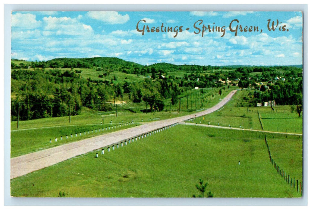 1958 Greenery and Road Scene Greetings Spring Green Wisconsin WI Postcard