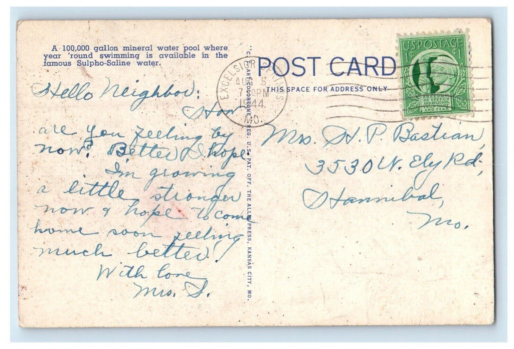 1944 National Health Pleasure Resort Swimming Pool Excelsior Springs MO Postcard