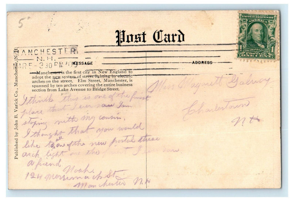 1909 Night Scene Showing Electric Arches, Manchester New Hampshire NH Postcard