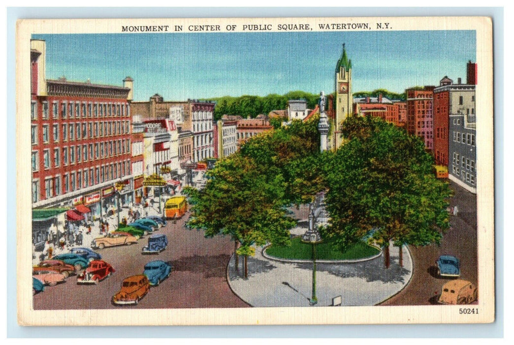 c1940's Monument In Center Of Public Square Cars Watertown New York NY Postcard
