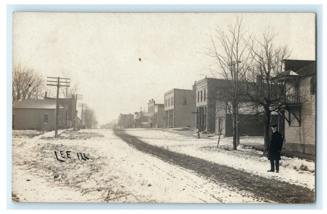 Snowy Road Lee Illinois c1905 Downtown RPPC Photo Vintage Antique Postcard