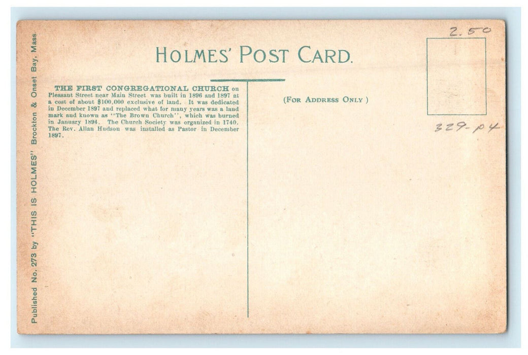 c1910s First Congregational Church, Brockton Massachusetts MA Postcard