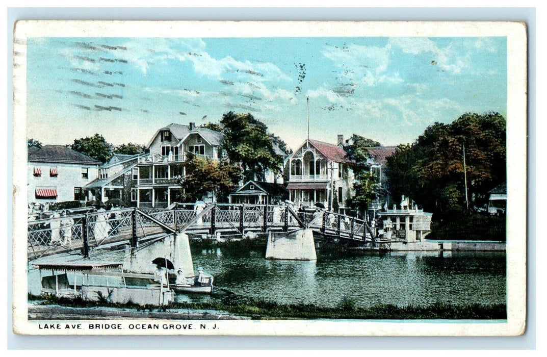 1919 Lake Avenue Bridge Boat Scene Ocean Grove New Jersey NJ Antique Postcard