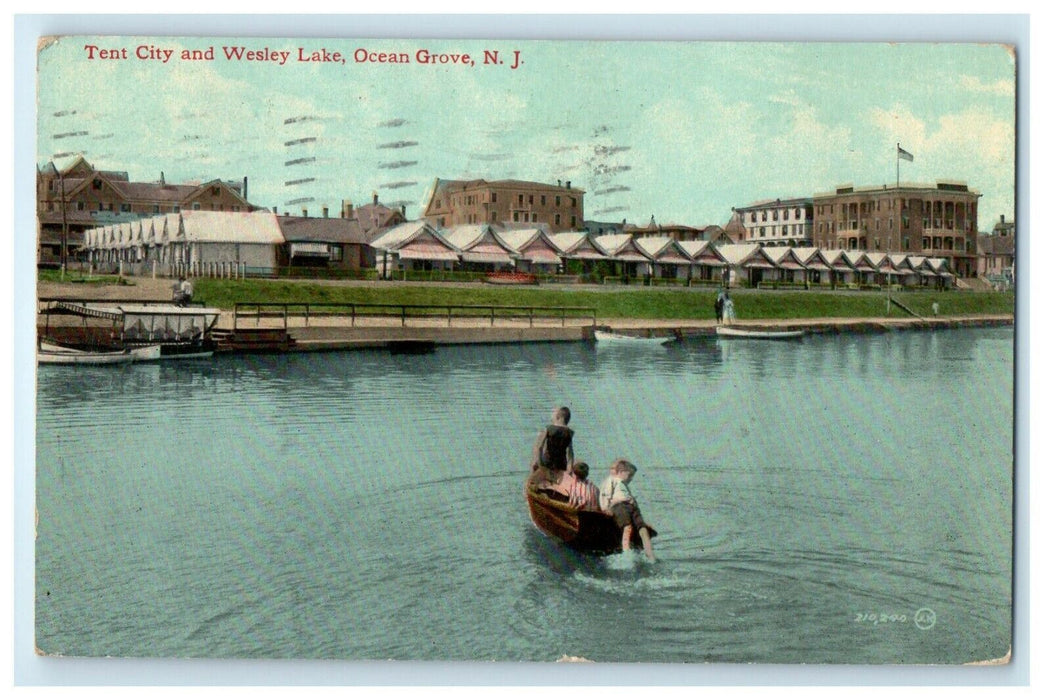 1911 Tent City And Wesley Lake Ocean Grove New Jersey NJ Childs On Boat Postcard