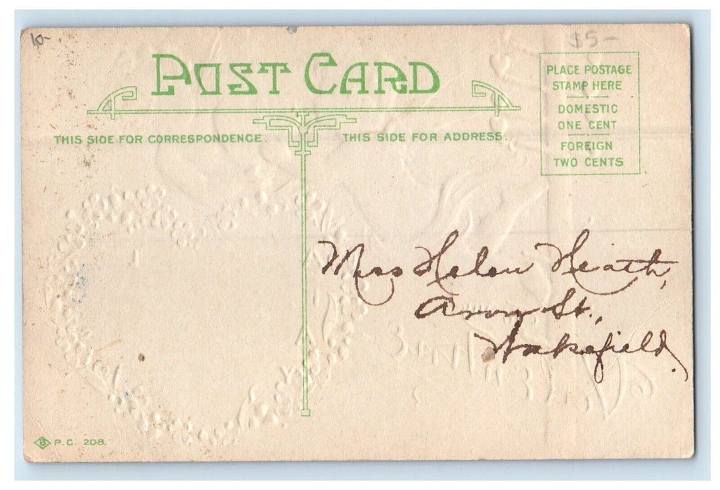 c1910's Valentine Two Angels Cherub Floating Wire Hearts Embossed Postcard