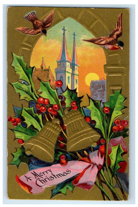 c1910's Merry Christmas Bells Holly Berries Birds Embossed Bamforth Postcard