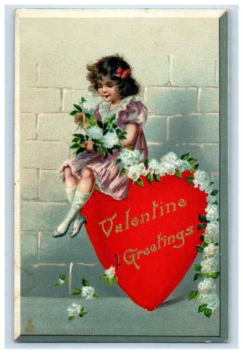 c1910's Valentine Greetings Girl Sitting In Giant Heart Flowers Tuck's Postcard