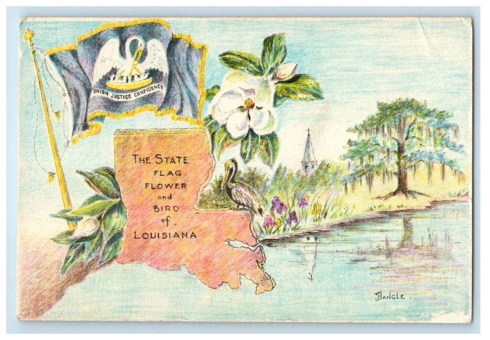 c1910 State Flag Flower and Bird of St. Martinville Louisiana LA Postcard