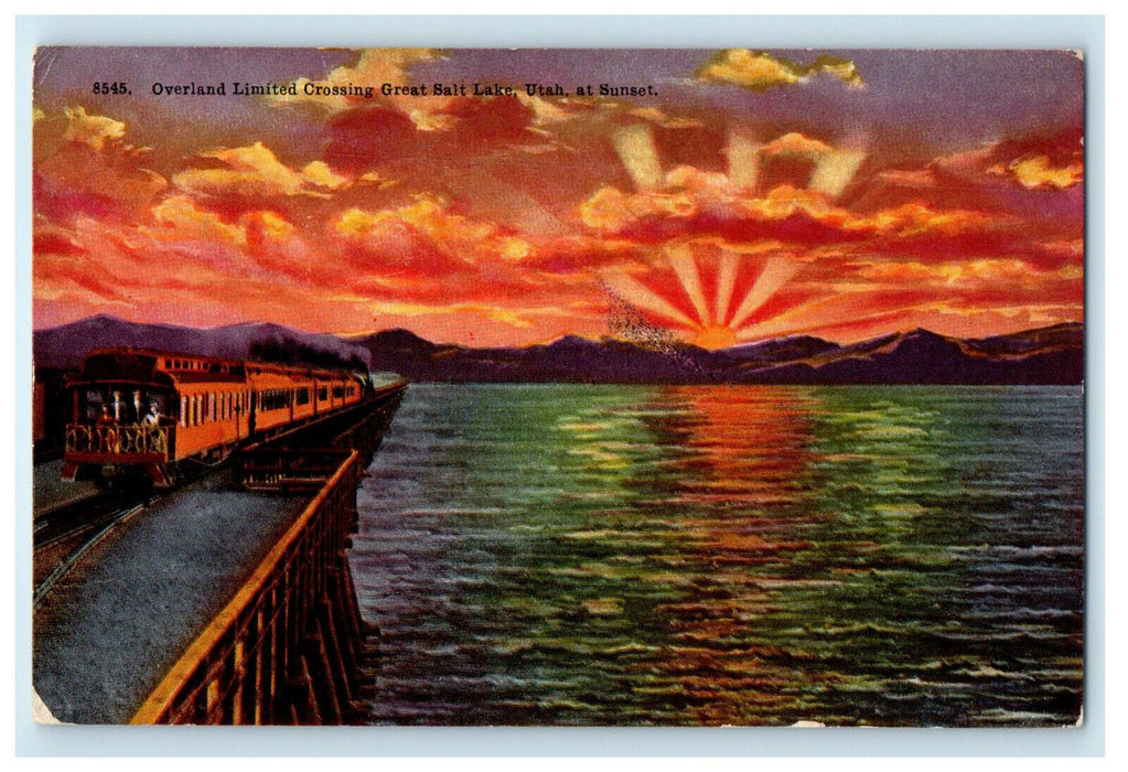 1910 Overland Limited Crossing Great Salt Lake Utah UT at Sunset Postcard