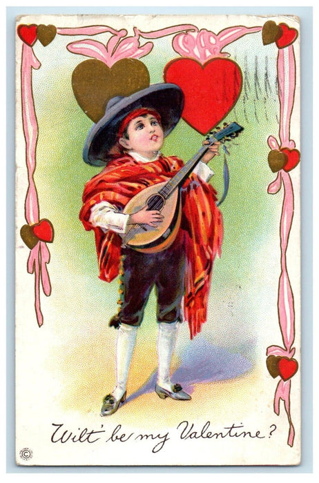 1921 Valentine Boy Big Hat Playing Guitar Lute Serenade Hearts Vintage Postcard
