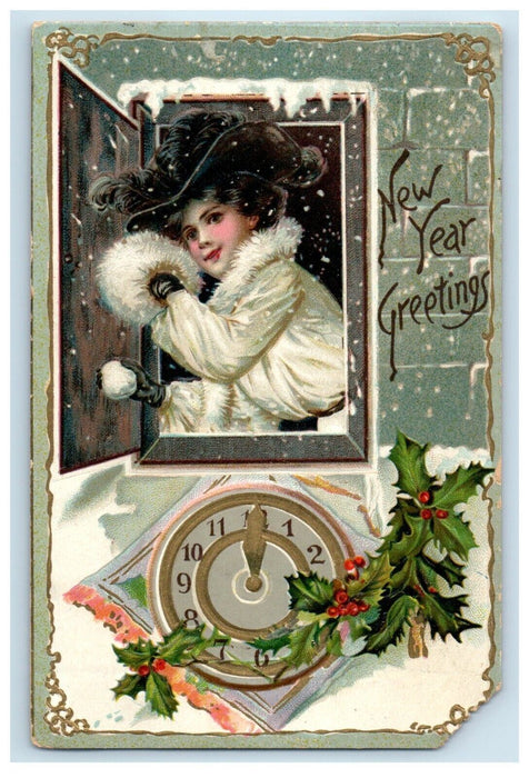 1908 New Year Greetings Girl In Window Warmer Clock Holly Tuck's  Postcard