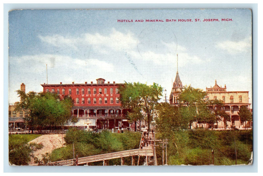 1910 Hotels and Mineral Bath House St. Joseph Michigan MI Posted Postcard