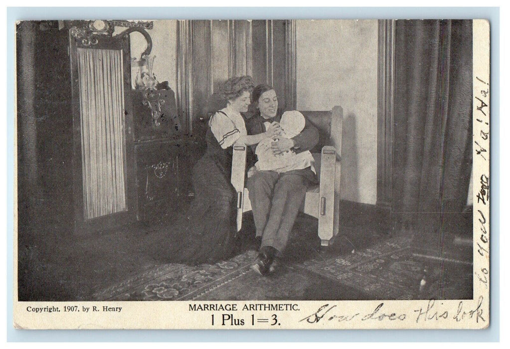 1908 Victorian Parlor Couple Baby Marriage Arithmetic Posted Antique Postcard