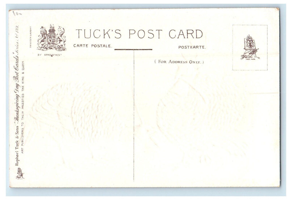 c1910's Thanksgiving Greetings Turkeys Wishbone Embossed Tuck's Antique Postcard
