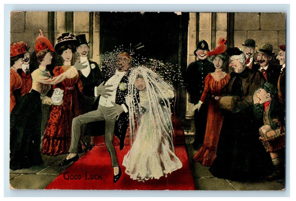 1909 Couple Wedding Married Front Church Good Luck Posted Antique Postcard