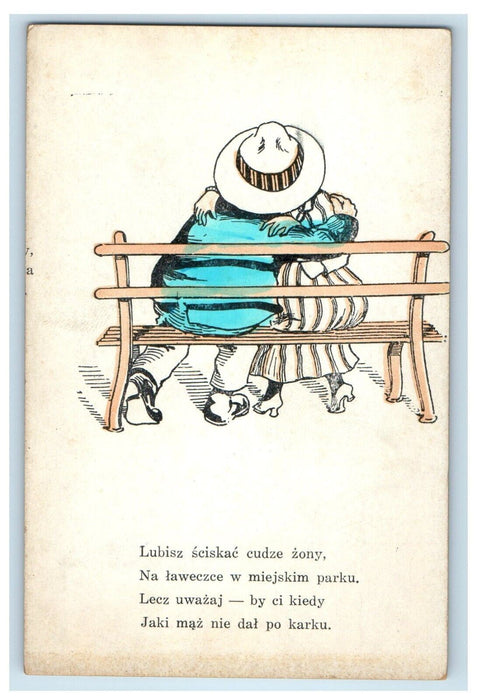 c1910's Couple Hiding Kissing Sitting Bench Polish Unposted Antique Postcard