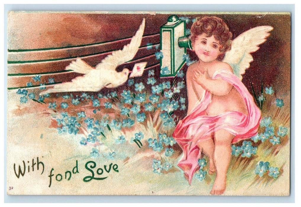 1910 Valentine Angel Cherub Dove Bird Letter Embossed Fort Plan NY Postcard