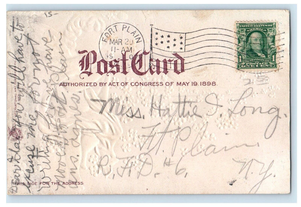 1910 Valentine Angel Cherub Dove Bird Letter Embossed Fort Plan NY Postcard