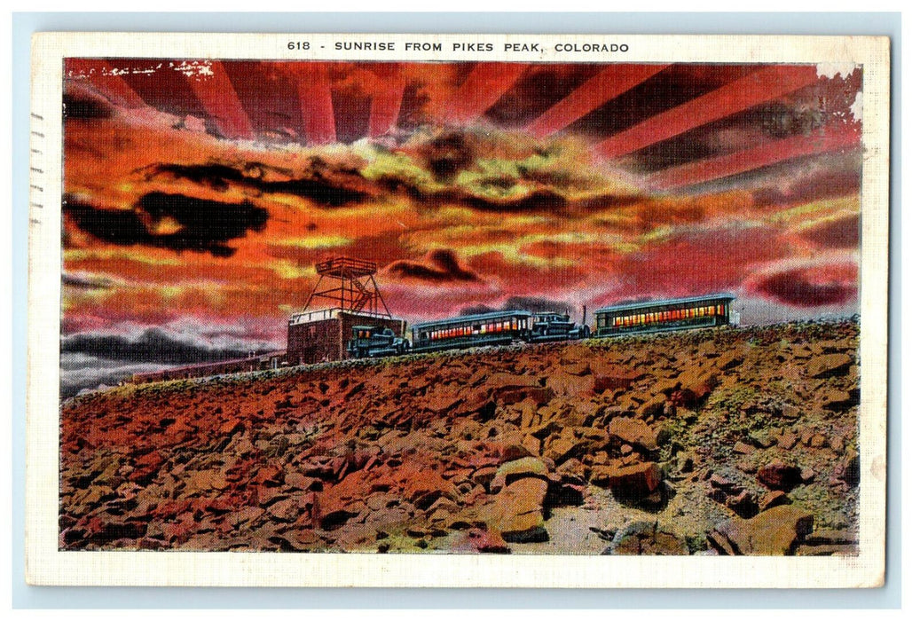 1939 Sunrise From Pikes Peak, Train Locomotive, Colorado CO Posted Postcard