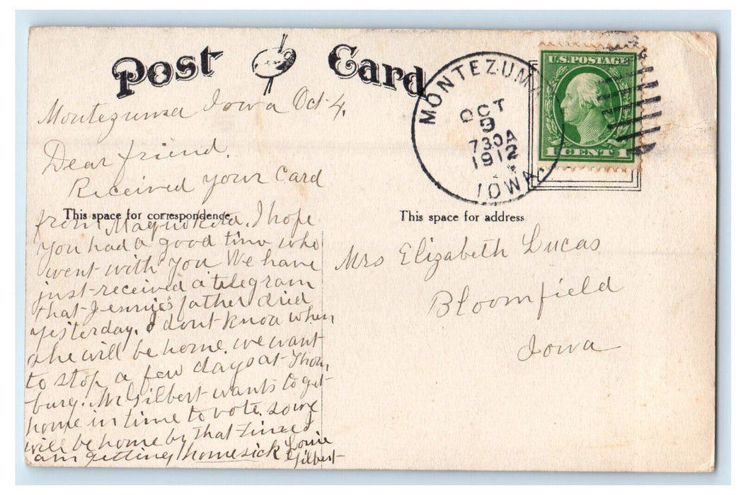 1912 First ME Church, Montezuma Iowa IA Posted Antique Postcard