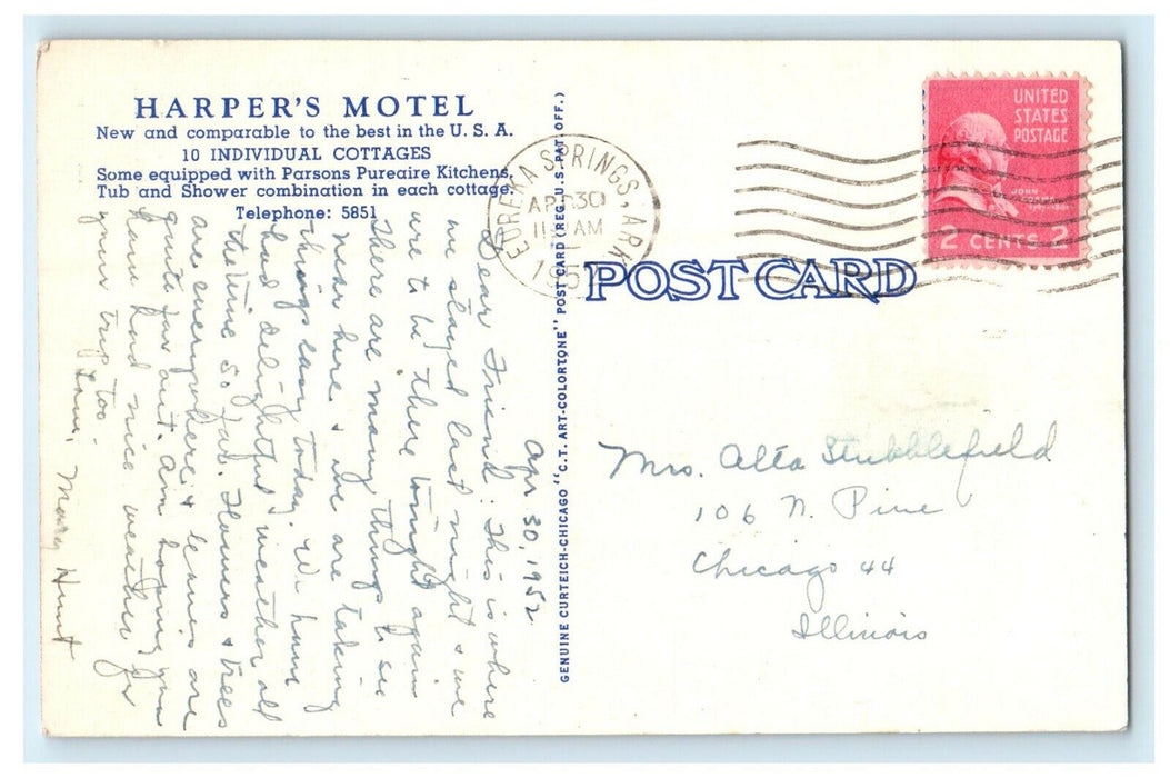 1952 Harpers Hotel, Eureka Springs Arkansas AR Unposted Vintage Postcard