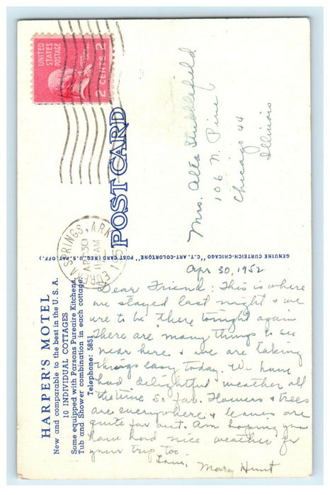 1952 Harpers Hotel, Eureka Springs Arkansas AR Unposted Vintage Postcard