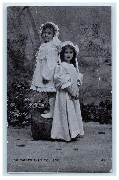 1910 Two Girls Dress White I'm Taller Than You Amsterdam New York NY Postcard