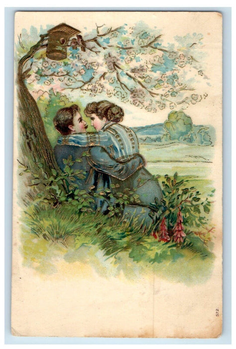 c1910's Sweet Couple Tree Branch Flowers Birds Cage Germany Embossed Postcard