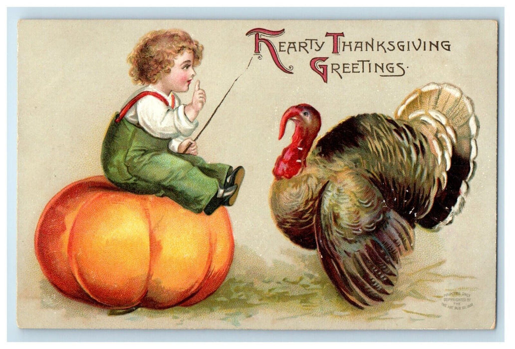 c1910's Thanksgiving Greetings Little Boy Clapsaddle (?) Pumpkin Turkey Postcard