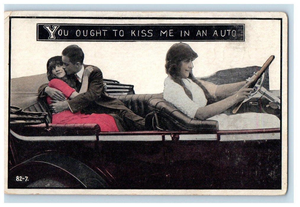 c1910's Girl Driving Auto Car Couple Kissing At Back Posted Antique Postcard