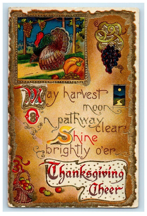 1921 Thanksgiving Turkey And Fruits Gel Gold Gilt Embossed Stevens PA Postcard