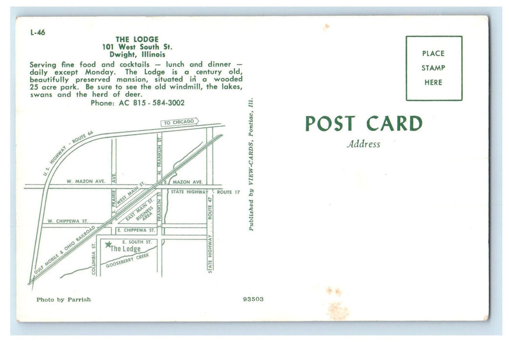 c1960s Map View, The Lodge Dwight Illinois IL Advertising Vintage Postcard