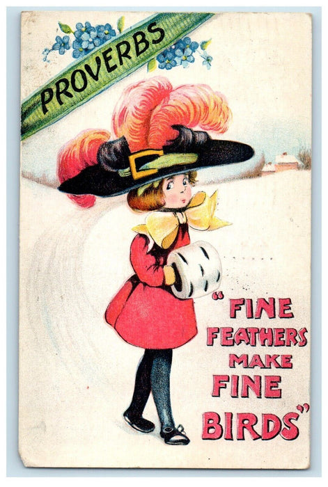 1911 Girl Big Hat Feathers Warmer Proverbs Omaha Nebraska NE Antique Postcard