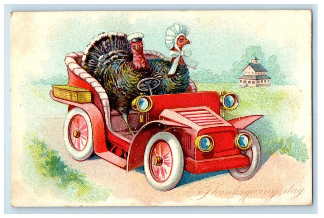 c1910's Thanksgiving Day Turkeys Driving Car Embossed Tuck's Antique Postcard